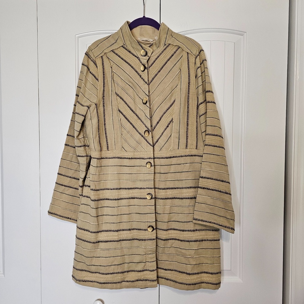 Soft Surroundings Verde Safari Jacket L Beige Striped Textured Boho 2FQ62 NWOT